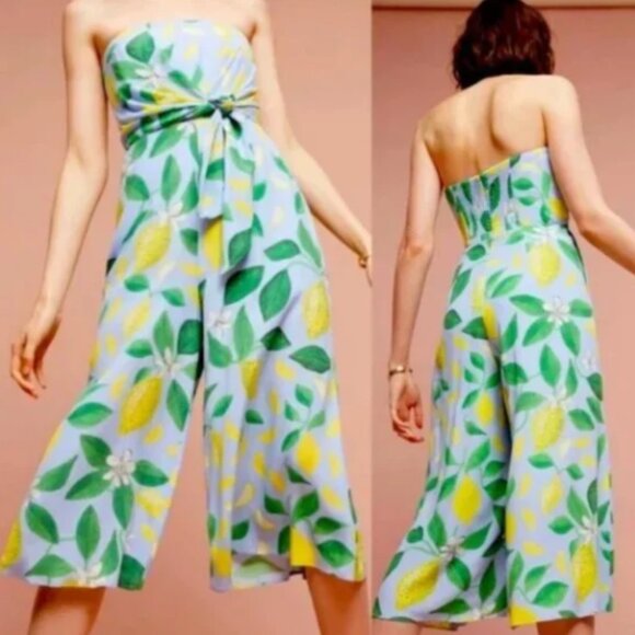 Anthropologie Pants - Anthropologie x Maeve Lemon Grove Strapless Lemon-Blue Wide-Leg Jumpsuit size 6
